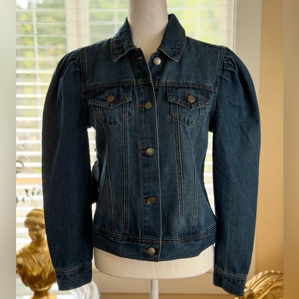 Women’s Dark Blue Puff Sleeve Denim Jacket